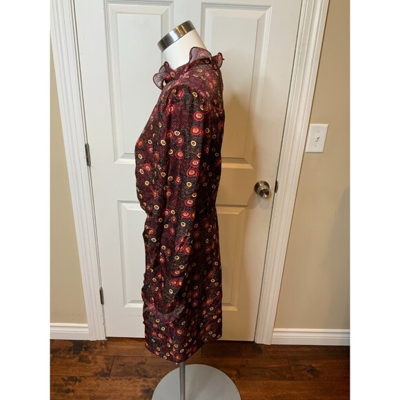 Saloni Dotty Ruffled Printed Silk Burgundy Mini Dress $650 Size 8 - Picture 5 of 7